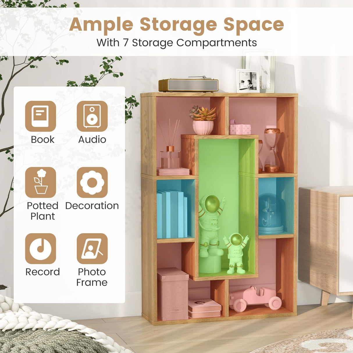 Tangkula 35.5” Geometric Bookshelf, Freestanding Wood Open Bookcase with 7 Cubes, Anti-Toppling Devices, Home Office Décor Rectangular Storage Shelf Display Rack for Study Living Room (1, Natural) Tangkula