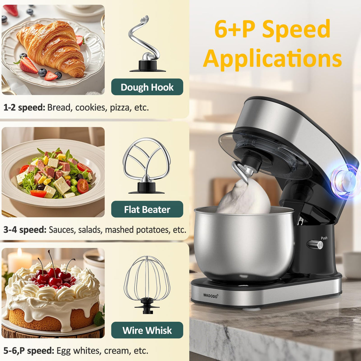 WADODO Stand Mixer, 3.2Qt Small Kitchen Mixer,6 Speeds Electric Food Mixer,Lightweight 304 Stainless Steel Kitchen Mixer with Bowl, Egg Whisk, Dough Hook, Flat Beater & Splash Guard - for Daily Use WADODO