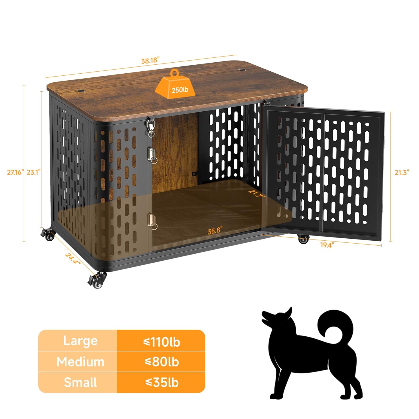 ONBRILL Dog Crate Furniture with Cushion, Wood Dog Kennel with Flexible Wheels and Multi-Purpose Dog Cage for Small/Medium Dogs, 38" Dog Kennel, Rustic Brown - WoodArtSupply