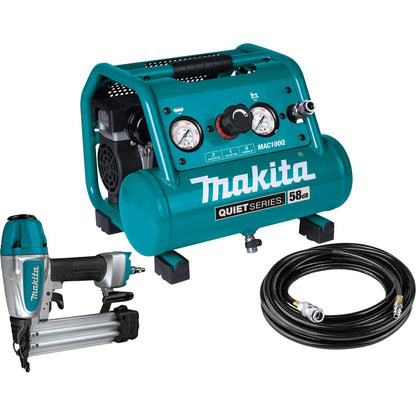 Makita MAC100QK1 Quiet Series 1/2 HP, 1 Gallon Compact, Oil-Free, Electric Air Compressor, and 18 Gauge Brad Nailer Combo Kit - WoodArtSupply