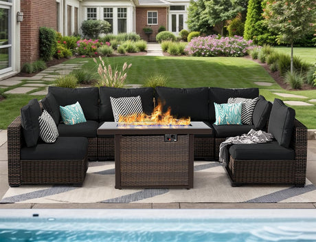 TANGJEAMER Patio Furniture Set 7 Pieces with 44" Fire Pit Table, Rattan Outdoor Sectional Conversation Sets, All Weather Outdoor Furniture Set with Cushions for Garden Lawn Balcony Porch Deck Black TANGJEAMER