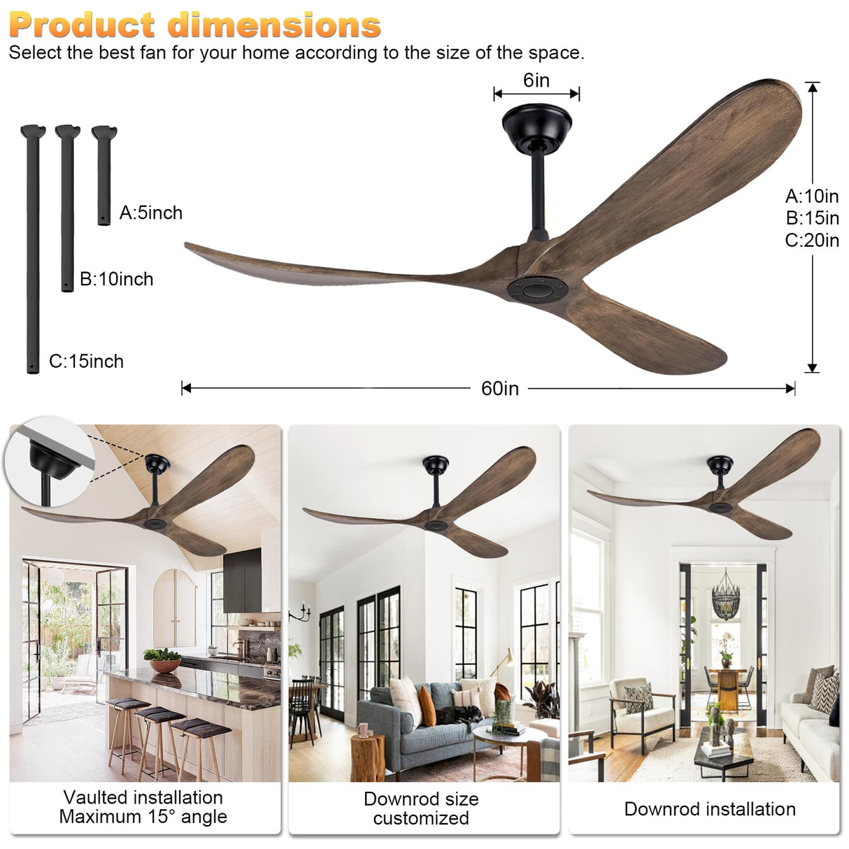 60 Inch Solid Wood Ceiling Fan No Light,Propeller Outdoor Ceiling Fans Without Lights with Wall Switch and Remote Control,Quiet DC Motor,3 Blades Ceiling Fan for Patios,Living Room,Bedroom Neatmeat