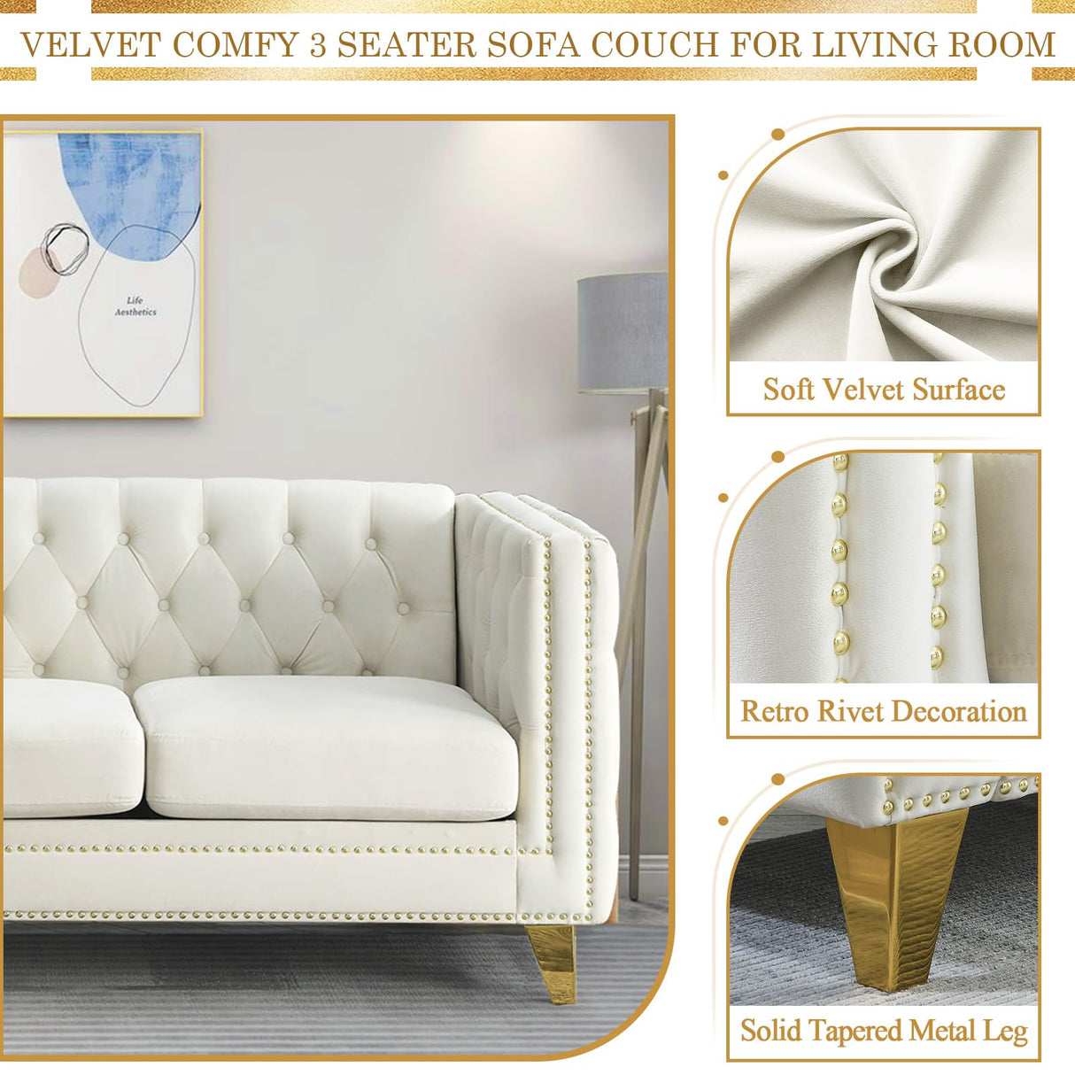 80.5-Inch Velvet 3 Seater Sofa Couch, Comfy Couches for Living Room, Modern Sofa with Tufted Back and Rivet Decoration, Upholstered Long Couch with Solid Golden Metal Tapered Legs, Beige KINFFICT