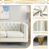 80.5-Inch Velvet 3 Seater Sofa Couch, Comfy Couches for Living Room, Modern Sofa with Tufted Back and Rivet Decoration, Upholstered Long Couch with Solid Golden Metal Tapered Legs, Beige KINFFICT
