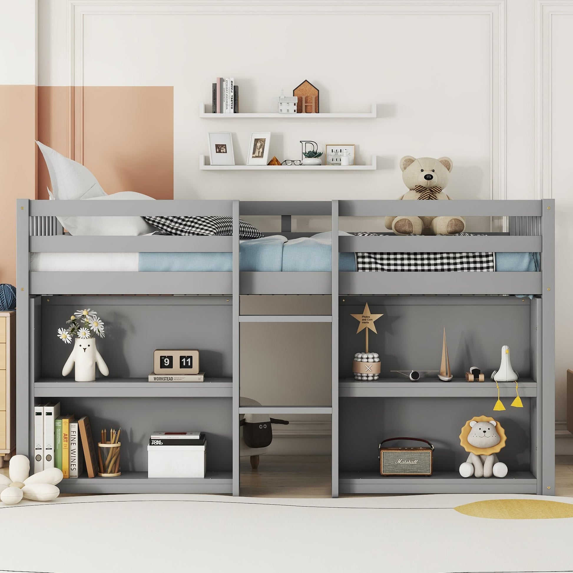 Luckiofvonne Grey Twin Size Low Loft Bed with Storage Shelves and LED Light - WoodArtSupply