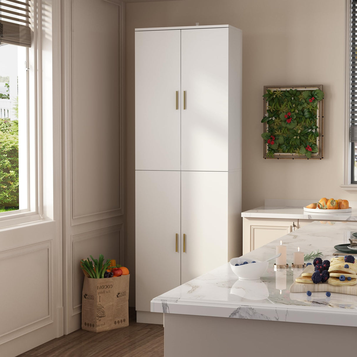 AGOTENI 6-Tier Storage Cabinet with Adjustable Shelves, Wooden Kitchen Pantry Freestanding Cupboard with 4 Doors for Living Room Kitchen Garage, White, 11.8" D x 23.2" W x 70.9" H AGOTENI