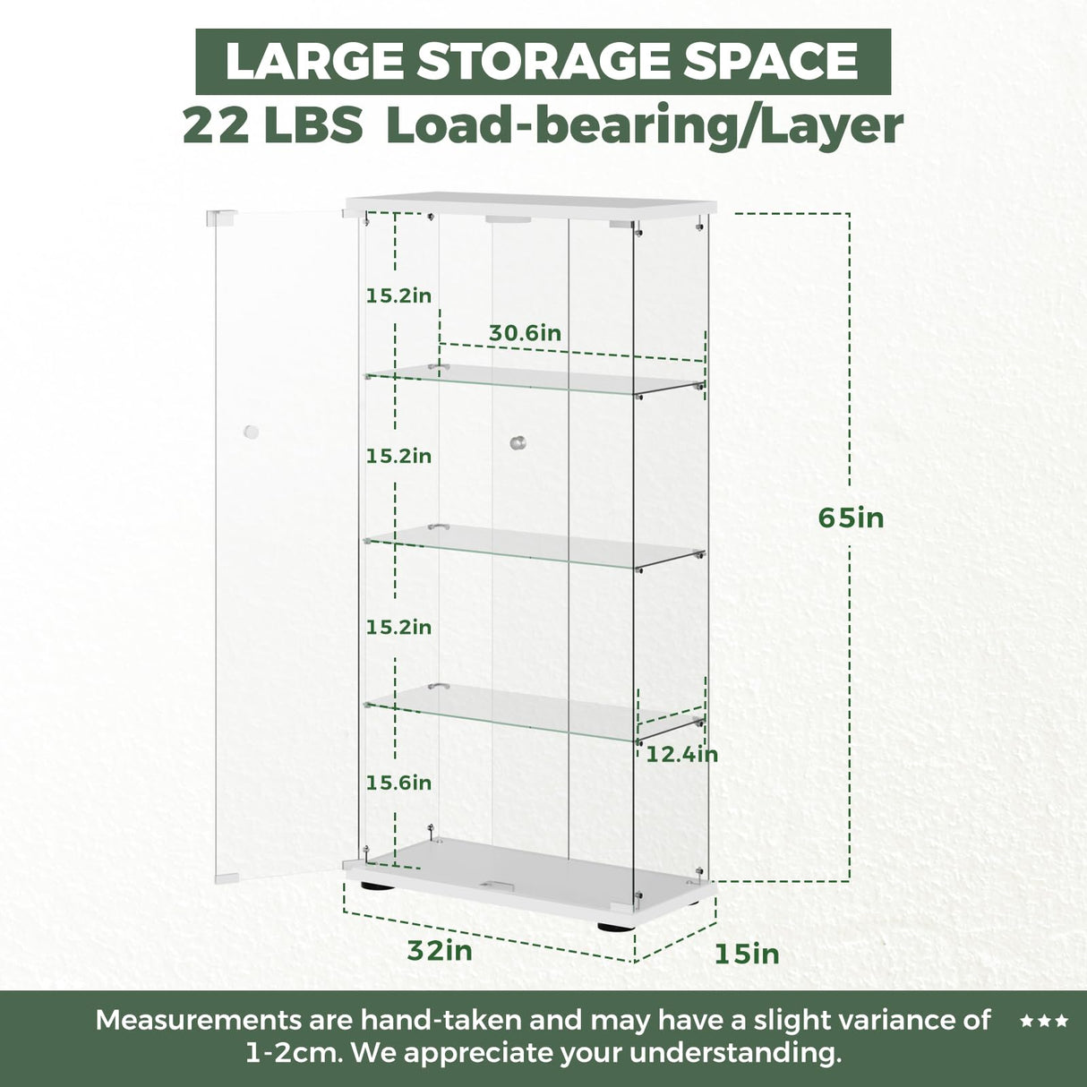 HAMBING Glass Display Cabinet with LED Lights and Lock, 4-Shelf Tempered Glass Curio Cabinet with 2 Doors, Collectible Display Showcase for Living Room, Bedroom – White HAMBING