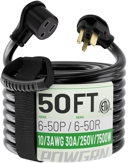 POWGRN 30 AMP 50ft Welder Extension Cord Outdoor 10 Gauge, 250V NEMA 6-50 Heavy Duty Welding Cord 3 Prong, 10AWG SJTW Black, ETL - WoodArtSupply