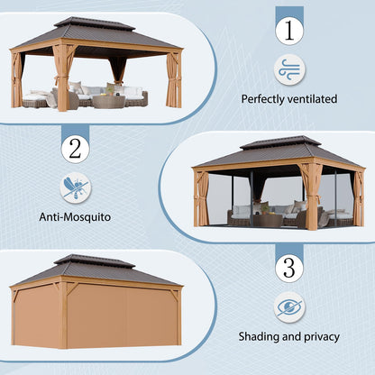 Aoxun 12' x 16' Permanent Gazebo, Wooden Finish Coated Aluminum Frame Canopy Galvanized Steel Hardtop Top, Outdoor Metal Pavilion with Privacy Curtains and Netting, for Deck, Patio and Backya - WoodArtSupply