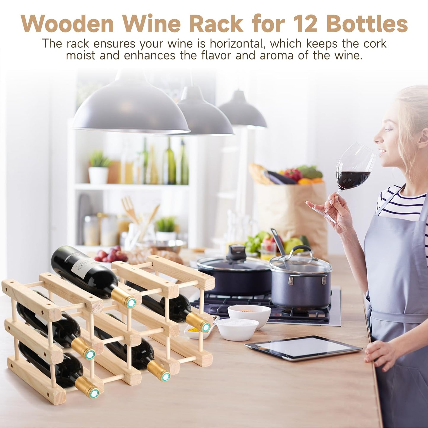 Wine Racks Countertop, 12 Bottles Capacity Wine Rack Free Standing Floor, DIY Assembly Wooden Wine Storage Holder Stand Shelf, Wine Bottle Organizer Insert for Cabinet, Home Kitchen,Restauran - WoodArtSupply