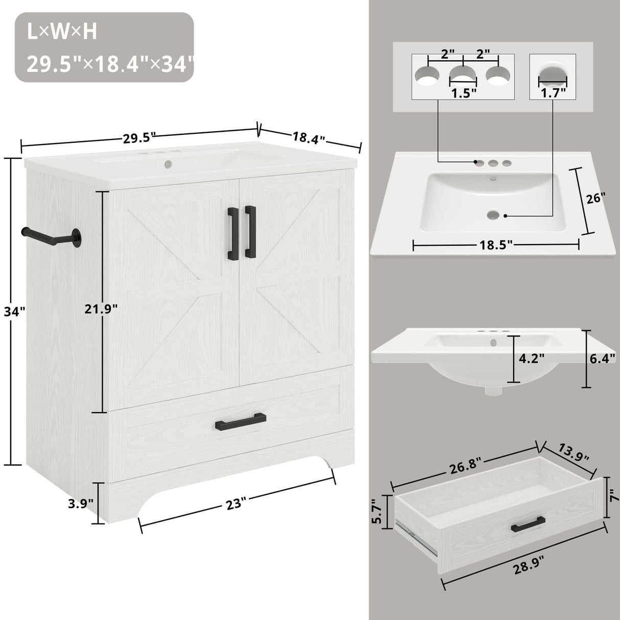 IRONCK Bathroom Vanity, 30" Bathroom Vanity with Sink, Farmhouse Wood Fixture Stand Pedestal Bathroom Cabinet with Drawer, Easy Assembly IRONCK