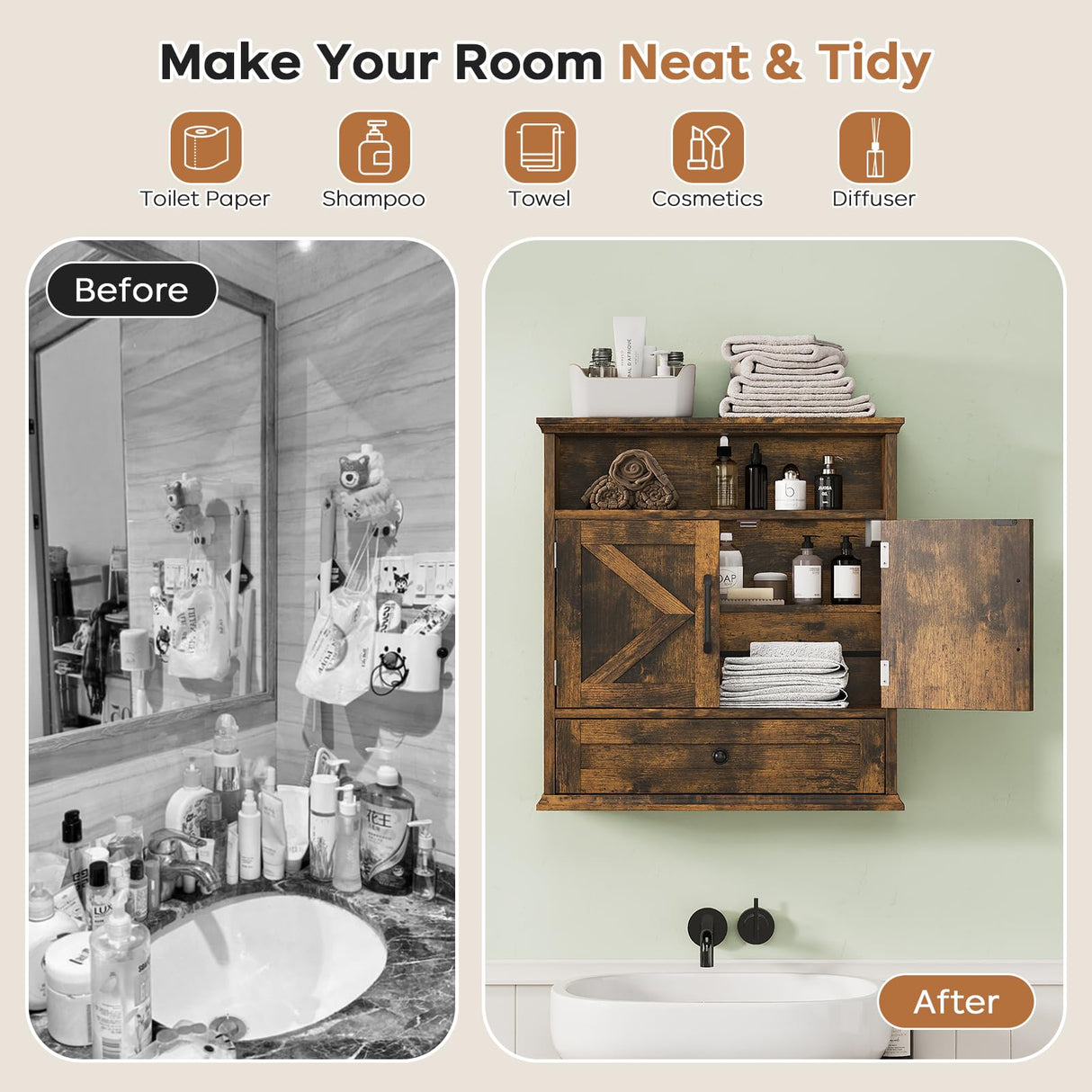 Bathroom Wall Cabinet, Wall Mounted Medicine Cabinet with Drawer, Barn Door & Adjustable Shelf, 24.4"H x 23.6"W x 9"D Rustic Brown Over Toilet Farmhouse Storage Cabinet for Kitchen, Laundry, Entryway Viroformo