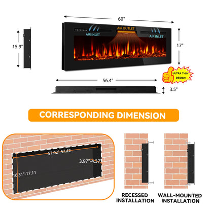 60 Inches Electric Fireplace Inserts, Ultra-Thin Fire Place Heater, Floating Wall Faux Fireplace Electric with Higher Temperatures & Lower Noise, Aesthetic Design & Realistic Flames, 750/1500W