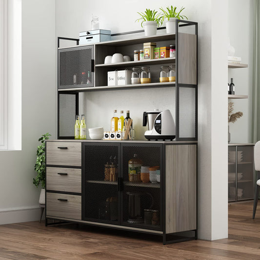 ECACAD Walnut Modern Wood Sideboard Buffet with Hutch, Metal Mesh Doors, and Ample Storage Compartment