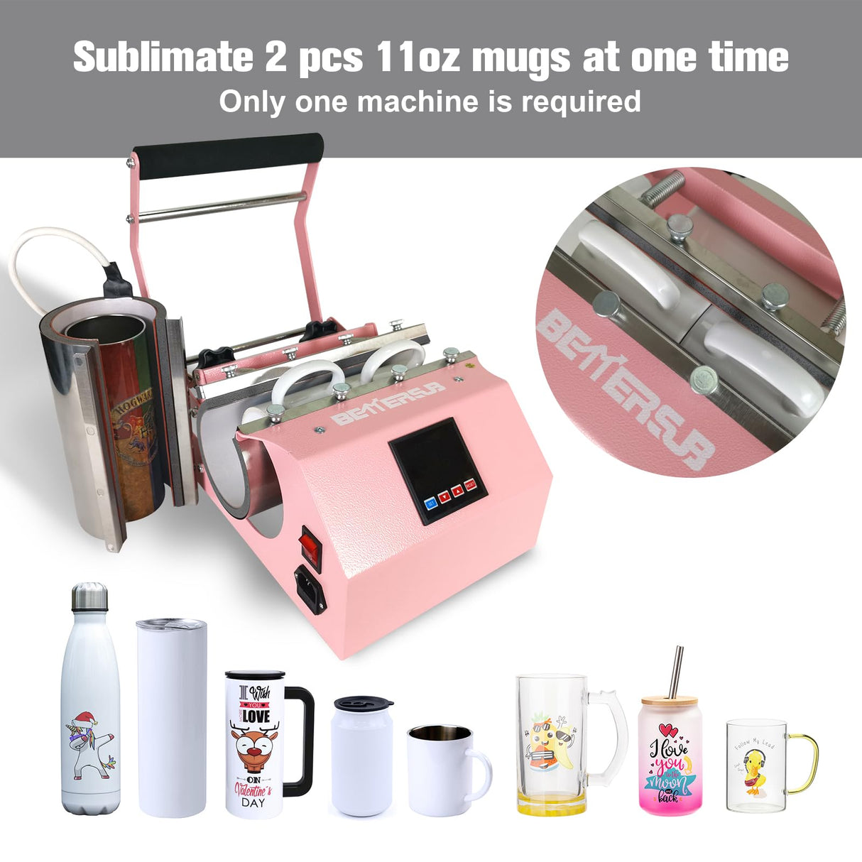 BetterSub 3in1 40 OZ Tumbler Mug Heat Press Machine 30 OZ 20 OZ 16 OZ Sublimation Straight Skinny Tumbler Mug,11 OZ 15 OZ 16 OZ Sublimation Mug Heat Transfer Pink BetterSub