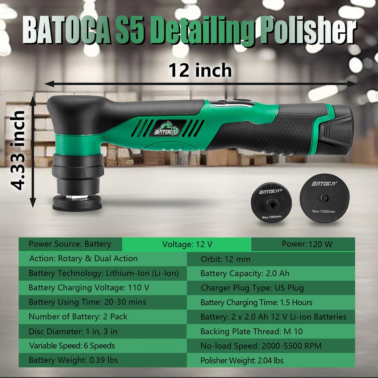 BATOCA S5 Cordless Car Buffer Polisher Kit 1 Inch 3 Inch Dual Action & Rotary Polishing Machine for Car Detailing,2x 2.0Ah Batteries,6 Variable Speeds 2000-5500RPM,Orbital Polisher for Car Boat Polish BATOCA