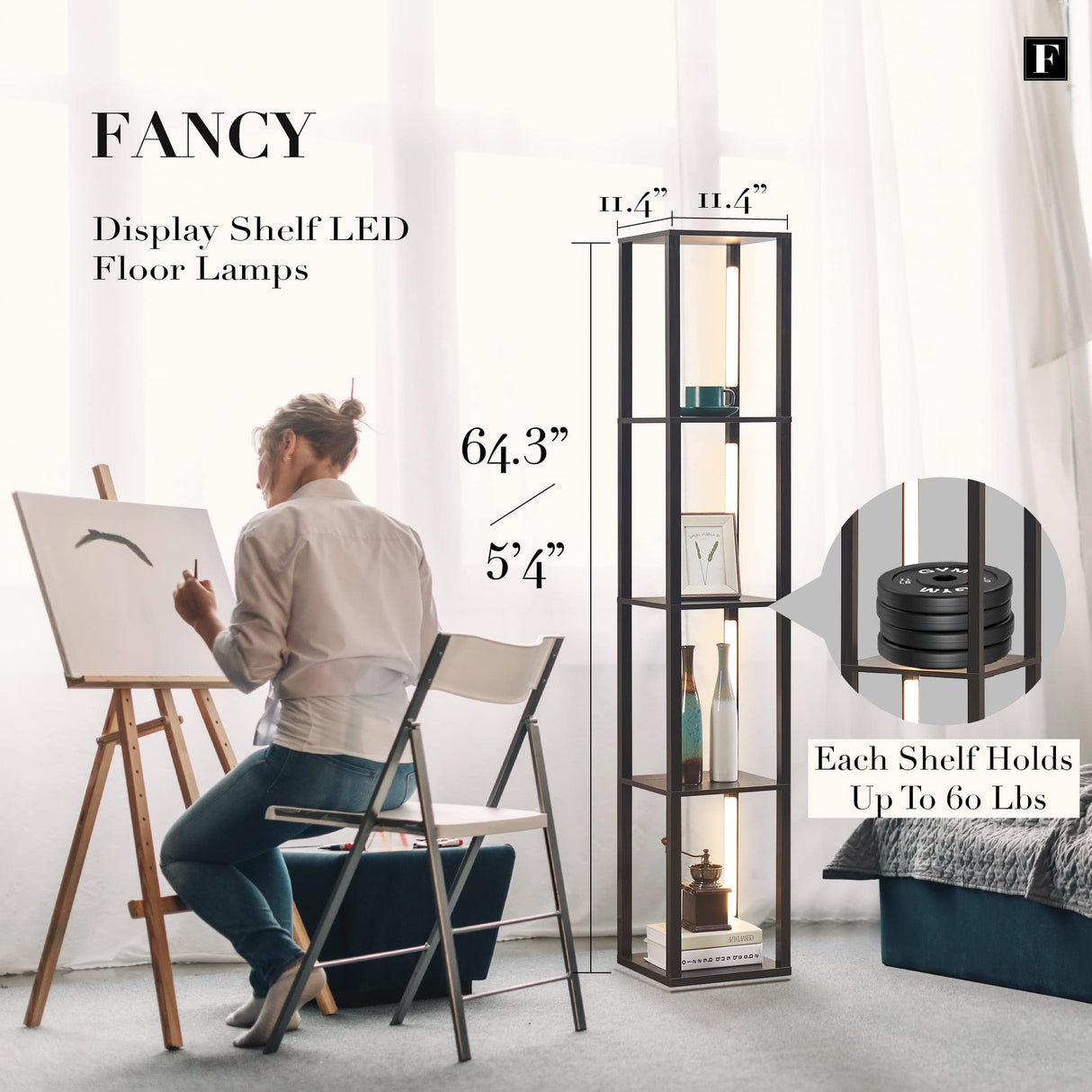 FENLO Fancy - 64" Display Shelf with Lights, LED Shelf Floor Lamps for Living Room, Sturdy Corner Shelf Curio Cabinet Display, Tall Floor Lamps with FENLO