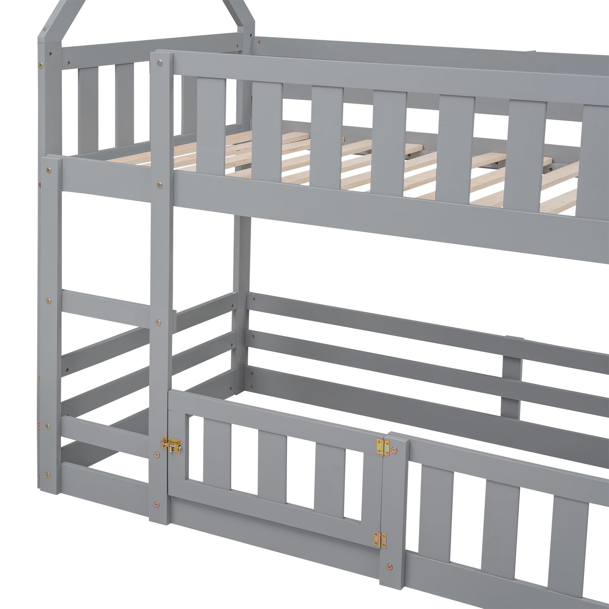 LZ LEISURE ZONE Grey Twin Over Twin Bunk Bed with House Design, Safety Fence, and Playful Door - WoodArtSupply