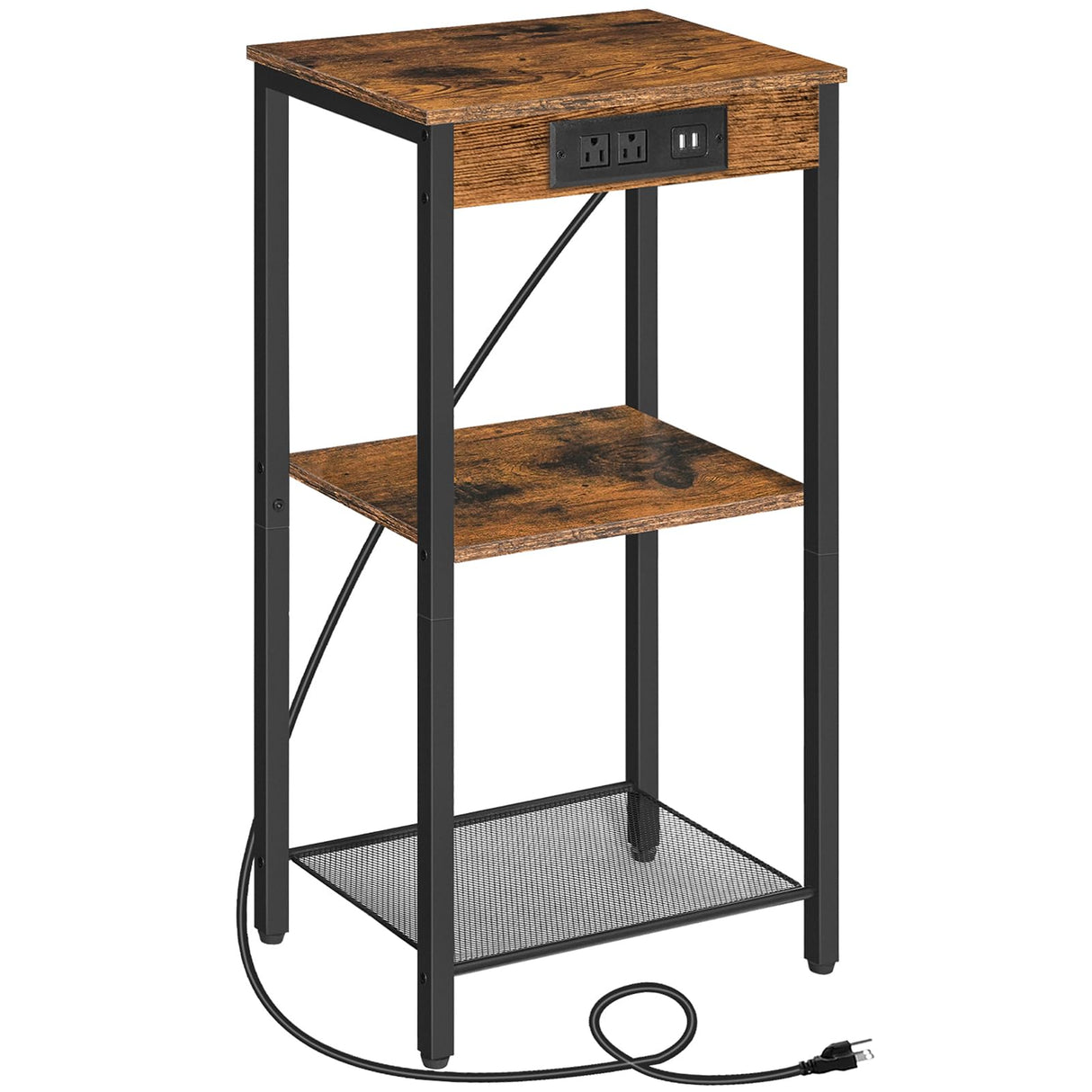 HOOBRO Tall End Table with Charging Station, 30 Inch Tall Nightstand, 3-Tier Side Table with Storage Shelves, for Living Room, Bedroom, Hallway, Rustic Brown BF09UDH01 HOOBRO
