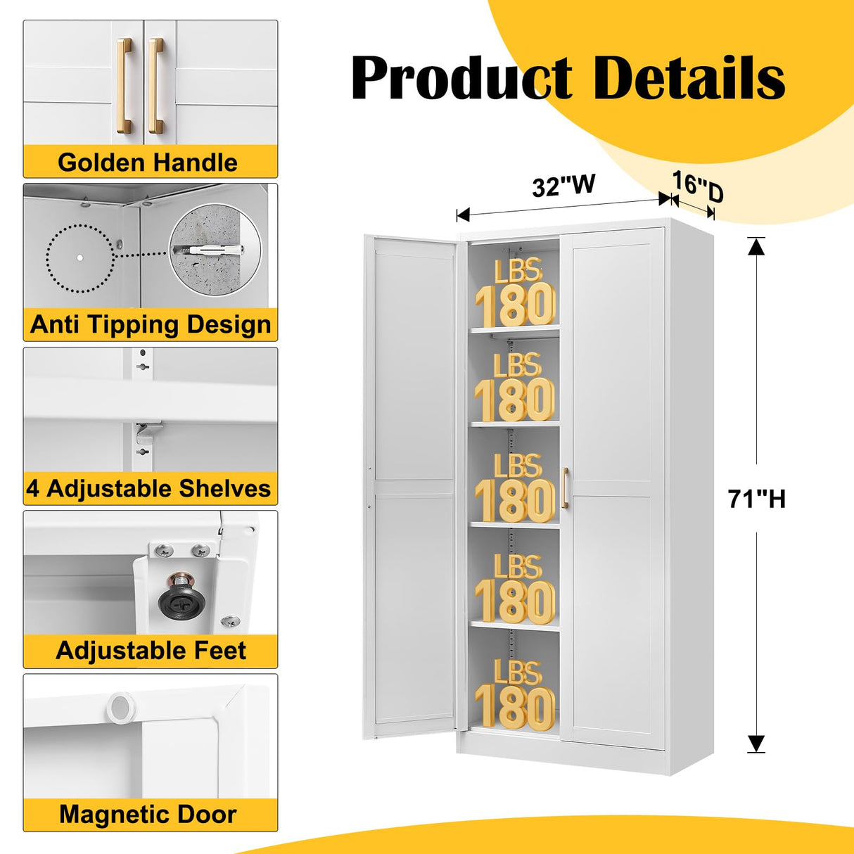 Kitchen Pantry Cabinet,71”White Metal Pantry Storage Cabinet with Doors and 4 Adjustable Shelves,Kitchen Cabinet with 2 Gold Handles,Tall Cabinet for Livingroom,Pantry, Bathroom,Kitchen SteeLoong