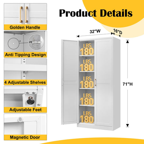 Kitchen Pantry Cabinet,71”White Metal Pantry Storage Cabinet with Doors and 4 Adjustable Shelves,Kitchen Cabinet with 2 Gold Handles,Tall Cabinet for Livingroom,Pantry, Bathroom,Kitchen SteeLoong