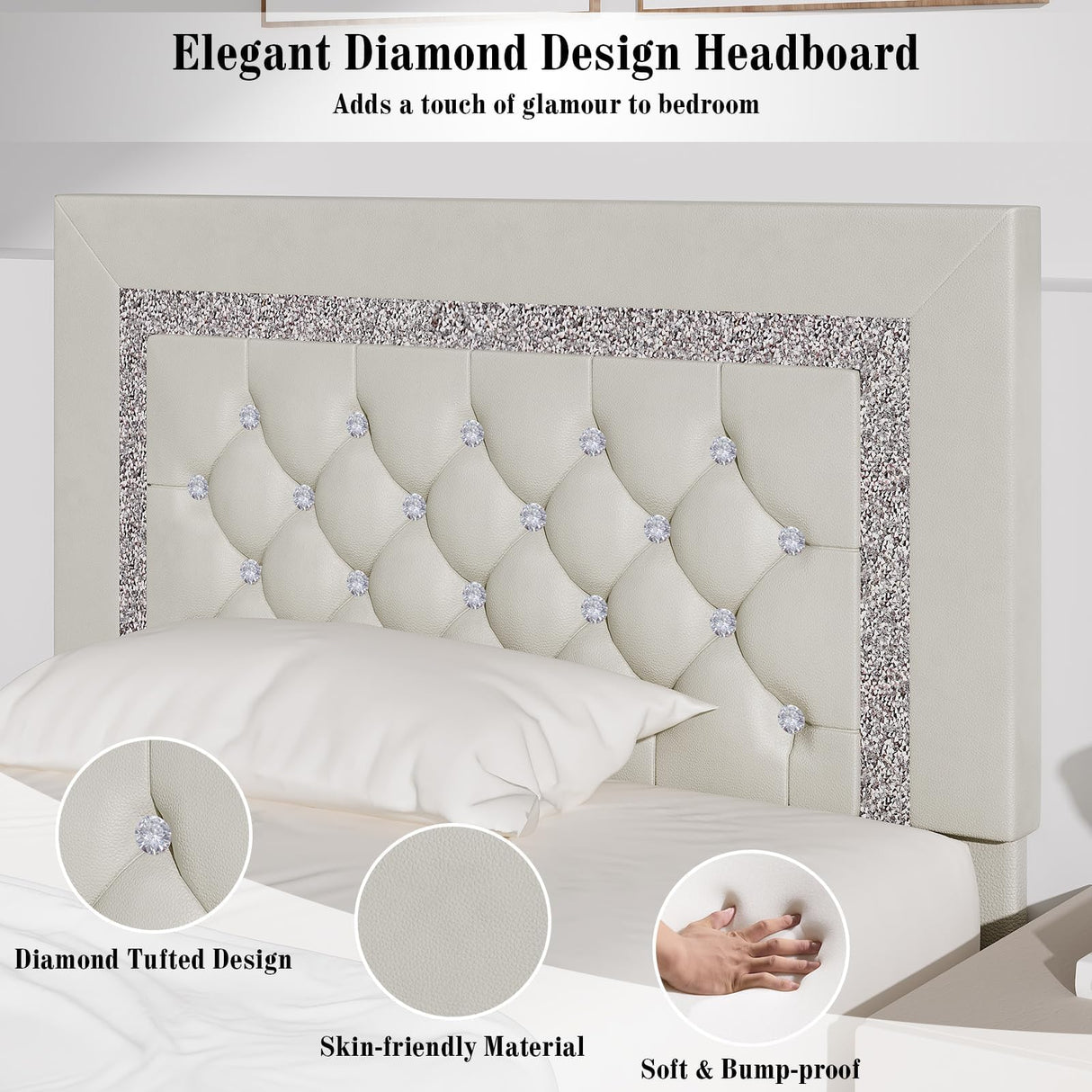 Twin Bed Frame with Diamond Tufted Headboard, Faux Leather Upholstered Bed with Wooden Slats Support, No Box Spring Needed, Mattress Foundation, Easy Assembly, Cream BarnFurin