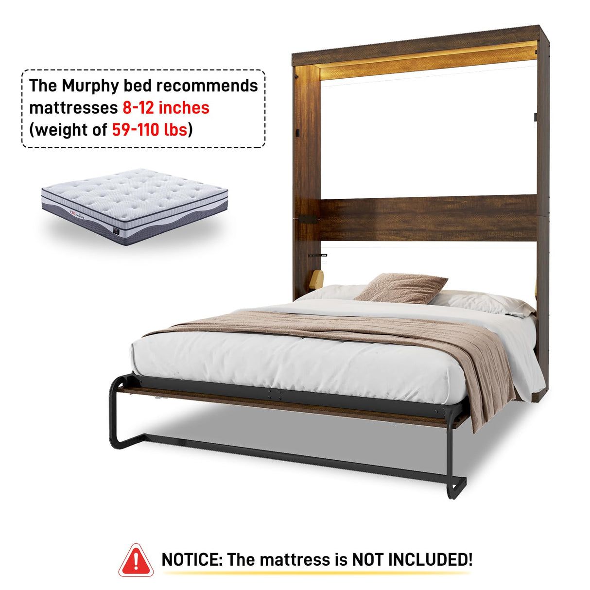 Hlivelood Queen Size Murphy Bed with 2 LED Lights, Farmhouse Wood Hidden Foldable Wall Bed Frame w/Gas Struts, Storage Bed Cabinet for Bedroom, Office, Space-Saving, No Box Spring Needed, Brown Hlivelood