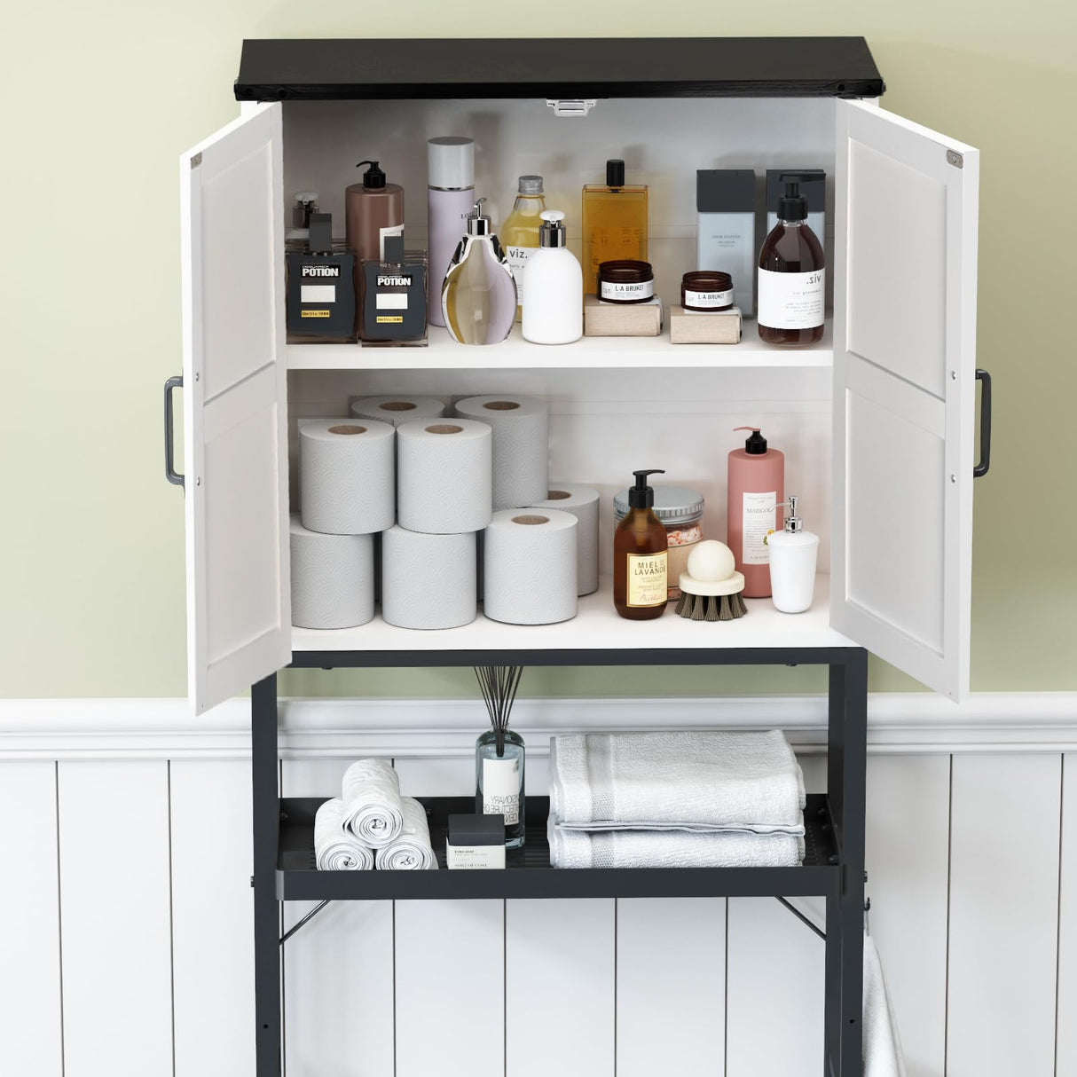 Timboniture Over The Toilet Storage Cabinet, Bathroom Above Toilet Cabinet Organizer with Doors and Adjustable Shelves, Bathroom Shelf Organizer with Anti-Tip Device & Drain Rack, White Timboniture