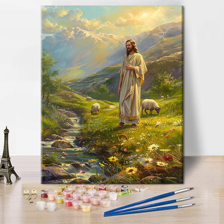 TUMOVO Jesus Paint by Numbers for Adults Beginner, in The Mountains Paint by Number Kits on Canvas DIY The River Front Oil Hand Painting with Brushes Art Crafts for Home (Frameless) 16"x20"Inch TUMOVO