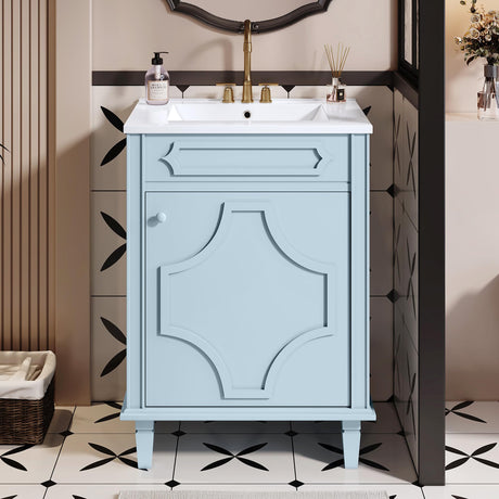 Virubi 24 Inch Bathroom Vanity with Ceramic Sink, Modern Bathroom Storage Cabinet with Flower-Shaped Carved Lines, Bathroom Vanities with Soft Closing Doors & Hidden Adjust Shelf Virubi