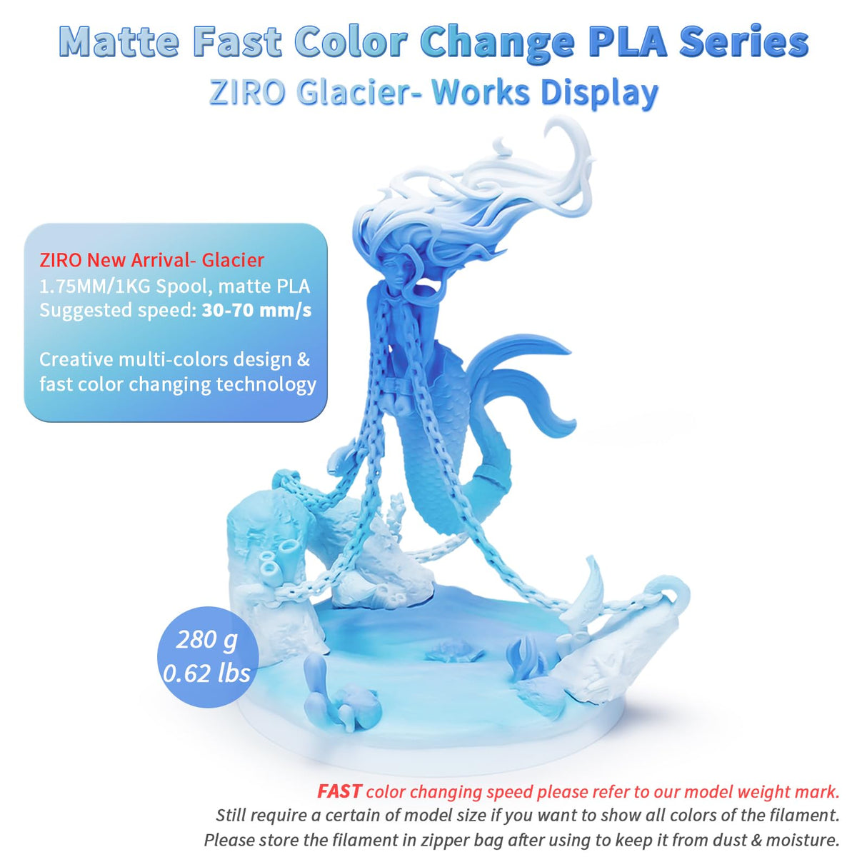 ZIRO Color Change Filament, Matte Multi Colors 3D Printer Filament, Faster Color Change by Length PLA, Dimensional Accuracy +/-0.03mm, 1KG/ 2.2lbs Spool, Fit Most FDM 3D Printer, Glacier ZIRO