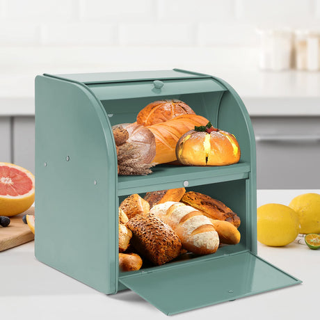 Olebes Bread Box, Metal Bread Box For Kitchen Countertop, Bread Storage Container Holds 2 Loaves Of Bread, High Capacity Breadbox, Bread Holder Suit Farmhouse Kitchen Decor For Counter Olebes