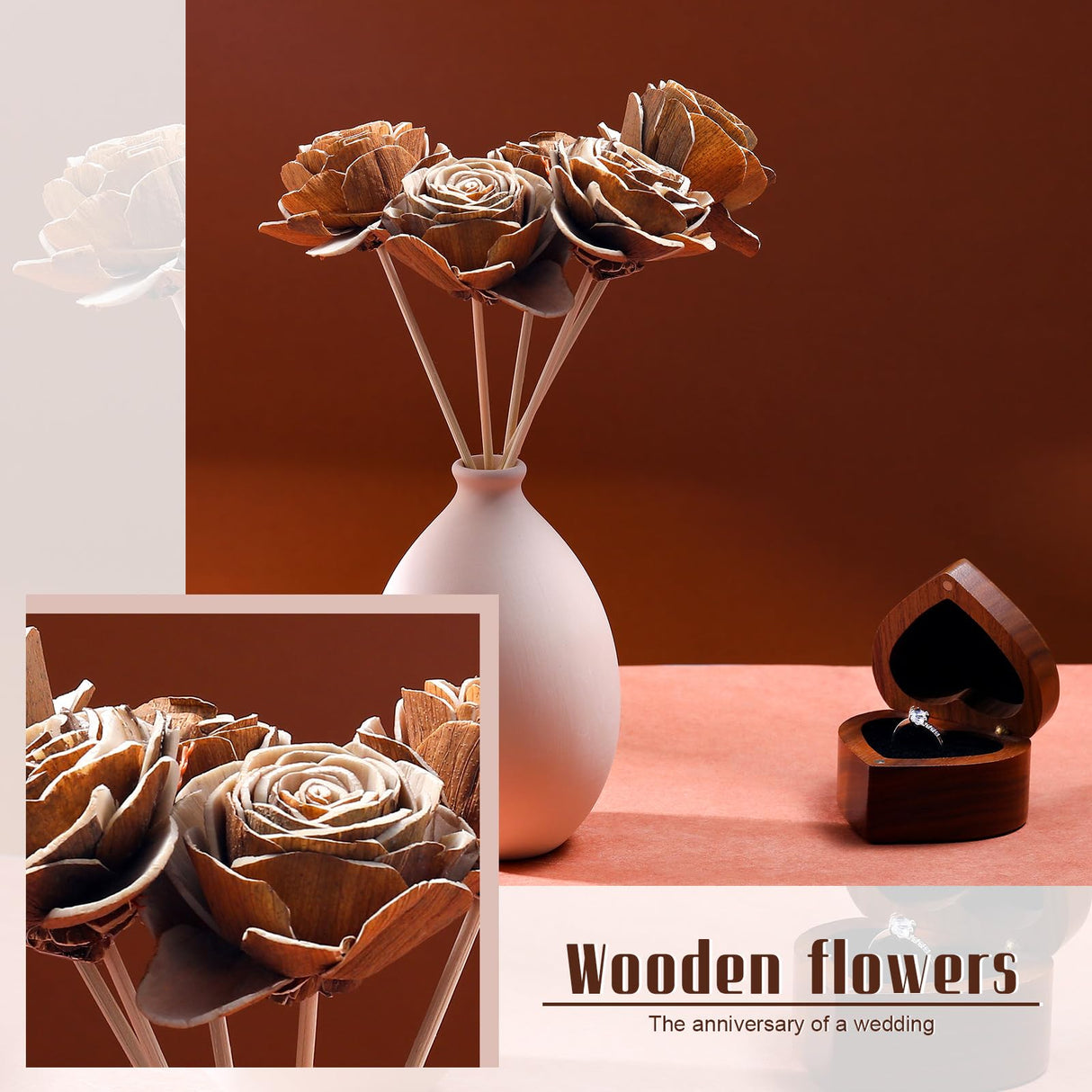 Hotop 5 Sets 5th Year Anniversary Wooden Rose Bouquet Artificial Wood Flower with Sticks Wedding Party Gift Label with Twine for Couple Gifts Women Home Centerpieces DIY Decoration Hotop