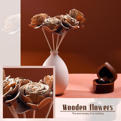 Hotop 5 Sets 5th Year Anniversary Wooden Rose Bouquet Artificial Wood Flower with Sticks Wedding Party Gift Label with Twine for Couple Gifts Women Home Centerpieces DIY Decoration Hotop