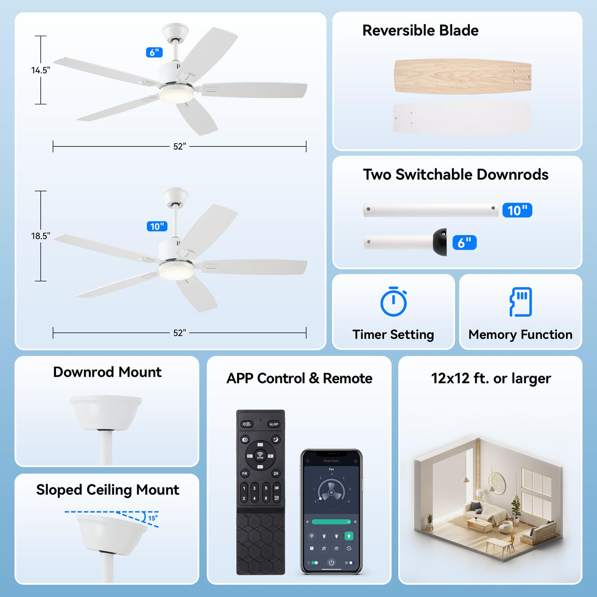 SUNMORY 52" Ceiling Fans with Lights, Smart Ceiling Fan with APP and Remote Control, Reversible DC Motor, Noiseless, Stepless Dimmable, Modern Ceiling Fan for Indoor/Outdoor Use, White SUNMORY