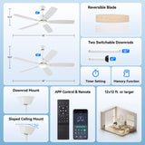 SUNMORY 52" Ceiling Fans with Lights, Smart Ceiling Fan with APP and Remote Control, Reversible DC Motor, Noiseless, Stepless Dimmable, Modern Ceiling Fan for Indoor/Outdoor Use, White SUNMORY