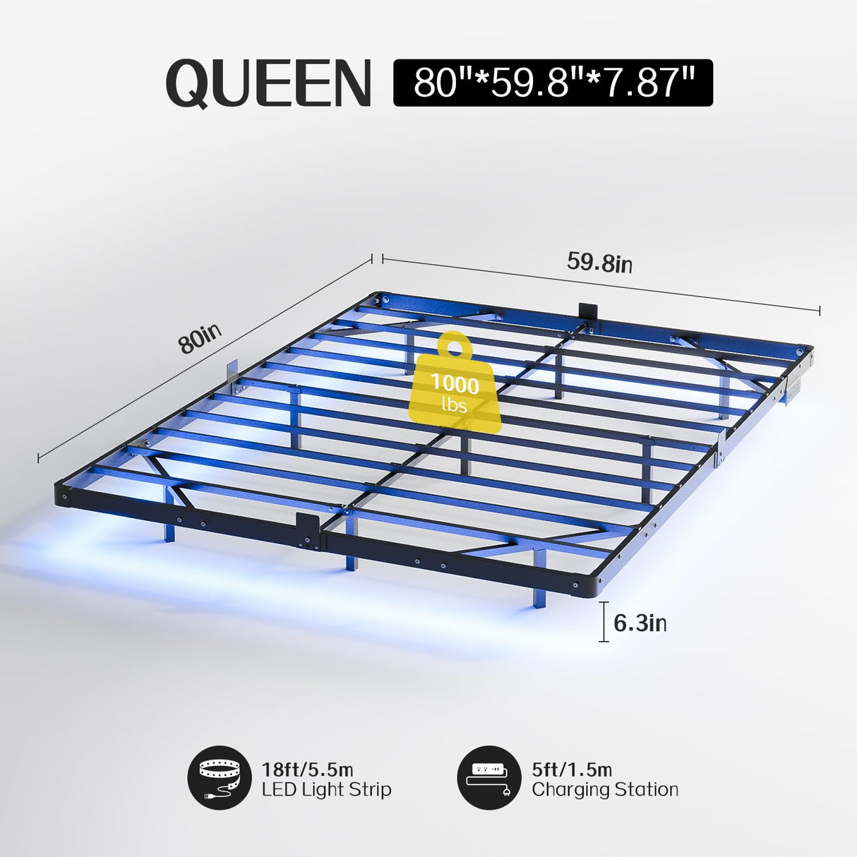 Queen Size Floating Bed Frame with USB Charging Station and LED Lights, Modern Metal Platform Bed Frame with Mattress Slide Stopper, Noise Free No Box Spring Needed and Easy Assembly Liians