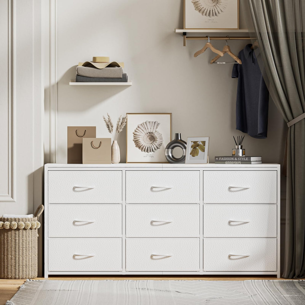 OURPIC Dresser for Bedroom with 9 Drawers, 55 Inch White Dresser TV Stand for 55, 60, 65 Inch TV, Wood Top and Side, Fabric Drawers, Storage, Dressers for Closet, Living Room, Hallway, Entryway OURPIC