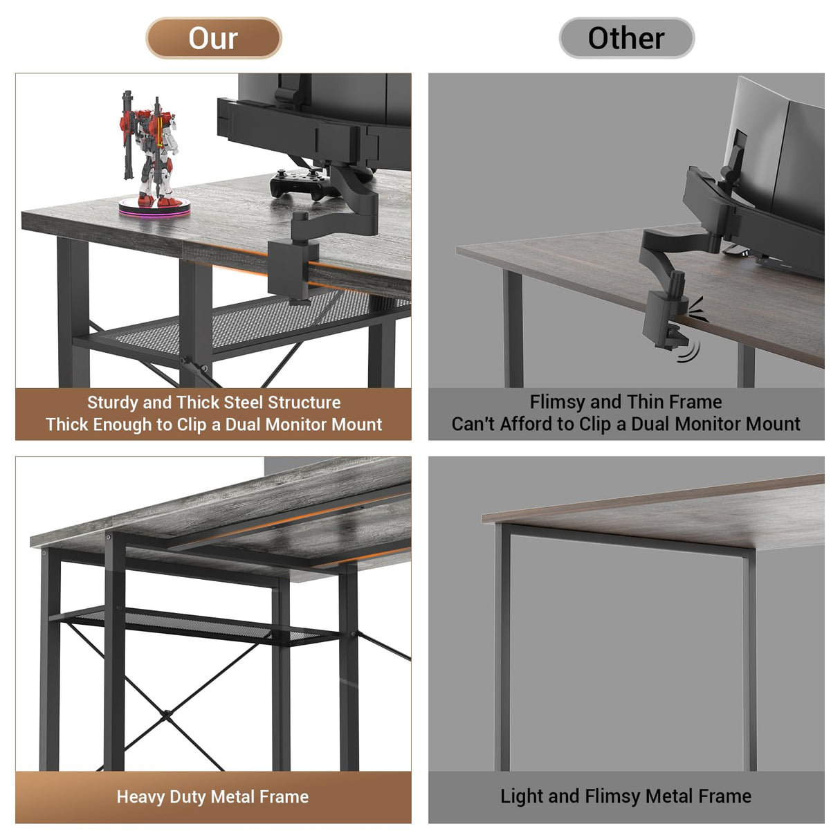 armocity Computer Desk with LED Lights, 55 Inch Desk with Power Outlet and USB, Reversible Large Desk with Moveable Monitor Stand, 55.2'' Gaming PC Table for Home Office, Workstation, Grey armocity