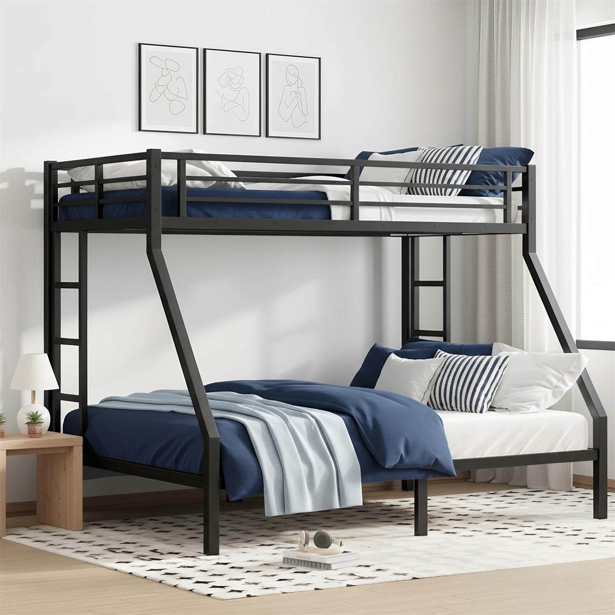 ICIUIOIR Twin XL Over Queen Bunk Bed Frame for Kids & Adults – Adult Metal Bunk Beds, Heavy Duty Frame, Literas para Niños, Camarotes, Bunk Bed with Stairs (No Box Spring Needed) (Black) ICIUIOIR