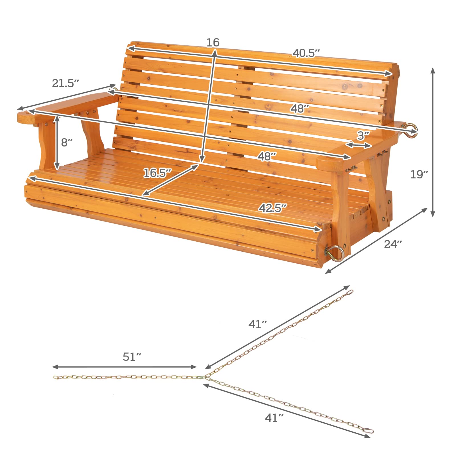 Giantex Wooden Porch Swing 2 Seat - Outdoor Swinging Chairs with Hanging Chains, 600 lbs Weight Capacity, 4 FT Finished Fir Wood Bench Swing for Patio, Outside, Garden, Lawn, Backyard (Orange - WoodArtSupply