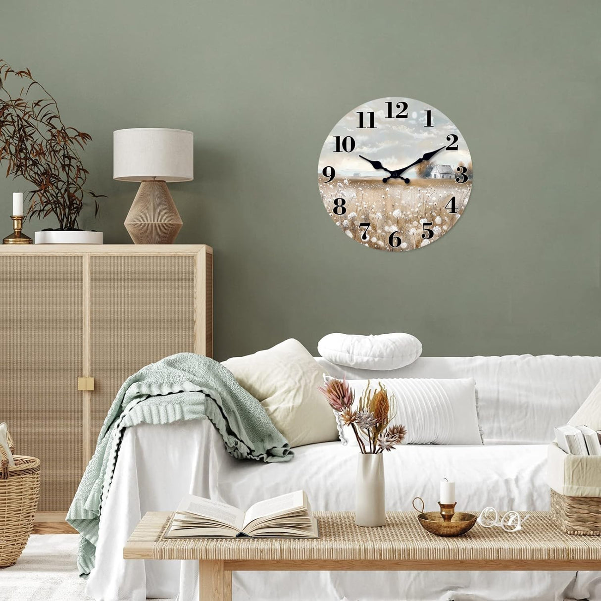 XFM Farmhouse Wall Clock Battery Operated 10 Inch Silent Non-Ticking Wooden Wall Clocks Country Flower Field Clock for Kitchen Living Room Bedroom Decor XFM