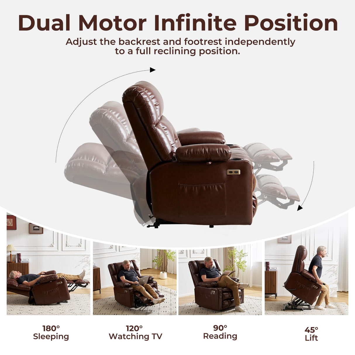 Dual Motor Power Lift Recliner Chair for Elderly with Massage and Heat, Oversized Lift Chair with Arm Storage, Lay Flat Lift Recliner for Adults, Big Tall, Infinite Position, Brown Rhevoy