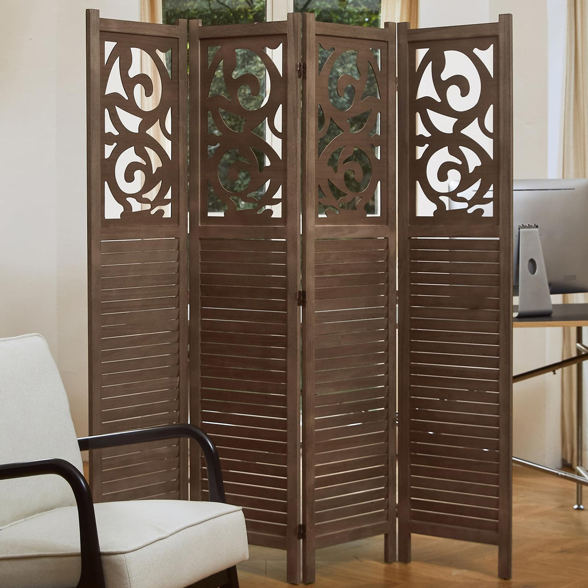 Room Divider Wood Carved Wall Divider Indoor Folding Portable Partition Screen for Home Office Garden Terrace - 4 Panel, 67 * 60inch (Dark Brown) Svimi