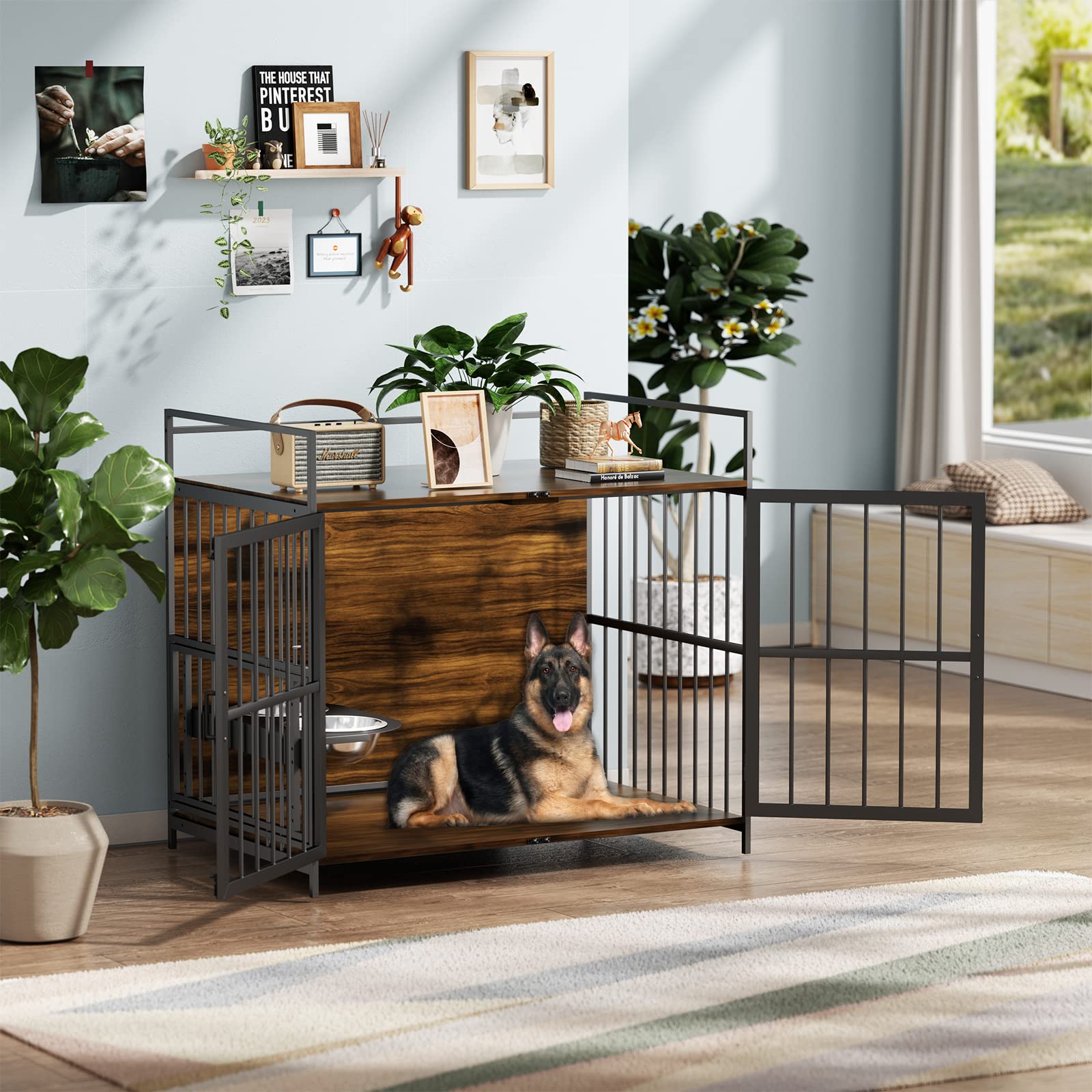 ROOMTEC Dog Crate Furniture-Style Cages for Large Dogs Indoor Heavy Duty Super Sturdy Dog Kennels with 2 Stainless Steel Bowls (48Inch = Int.dims: 46" W x 29" D x 35.5" H) - WoodArtSupply