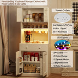 Pantry Cabinet with Power Outlet & LED Light, Tall 71 inch Kitchen Storage Shelves with Drawer, Coffee Bar Table with Doors & Adjustable Shelves, Freestanding Cupboard Bakers Rack with Hutch, White Korfile
