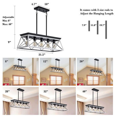 XIPUDA 5-Light Pendant Lights Fixture, Farmhouse Chandeliers for Dining Room, Rustic Island Lights for Kitchen, Rectangular Chandelier Rustic Farmhouse Light Fxiture XIPUDA