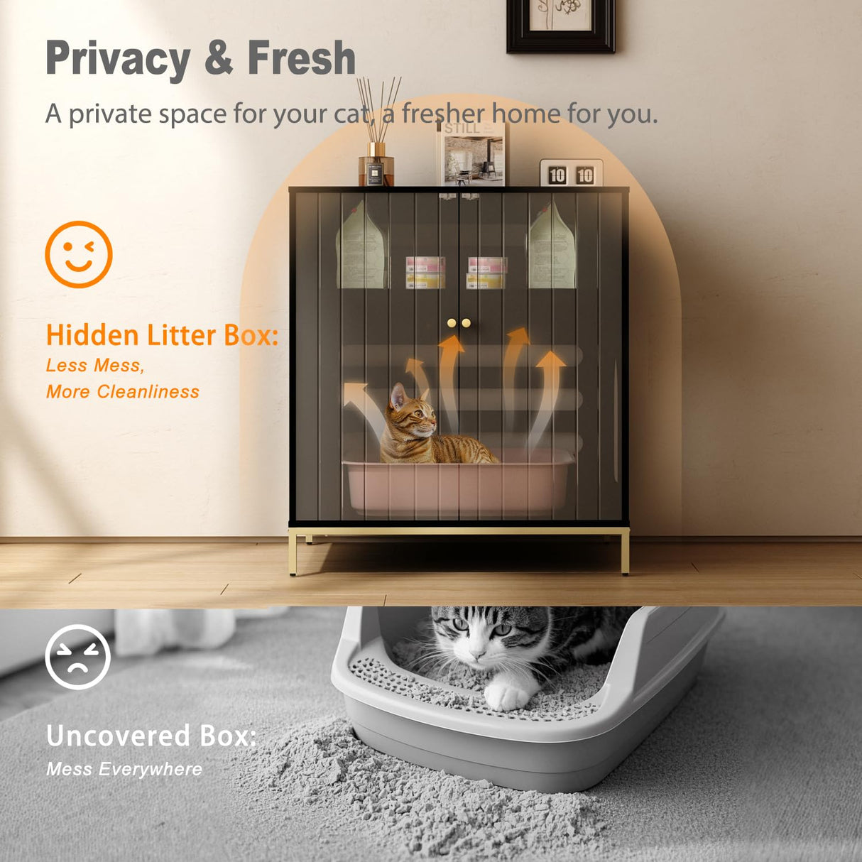 Convend Stylish Cat Litter Box Enclosure, Modern Hidden Litter Box Furniture with Tall Legs, Side Entrance, and Dual Use as End Table for Living Room or Bedroom (Black & Gold) Naisee