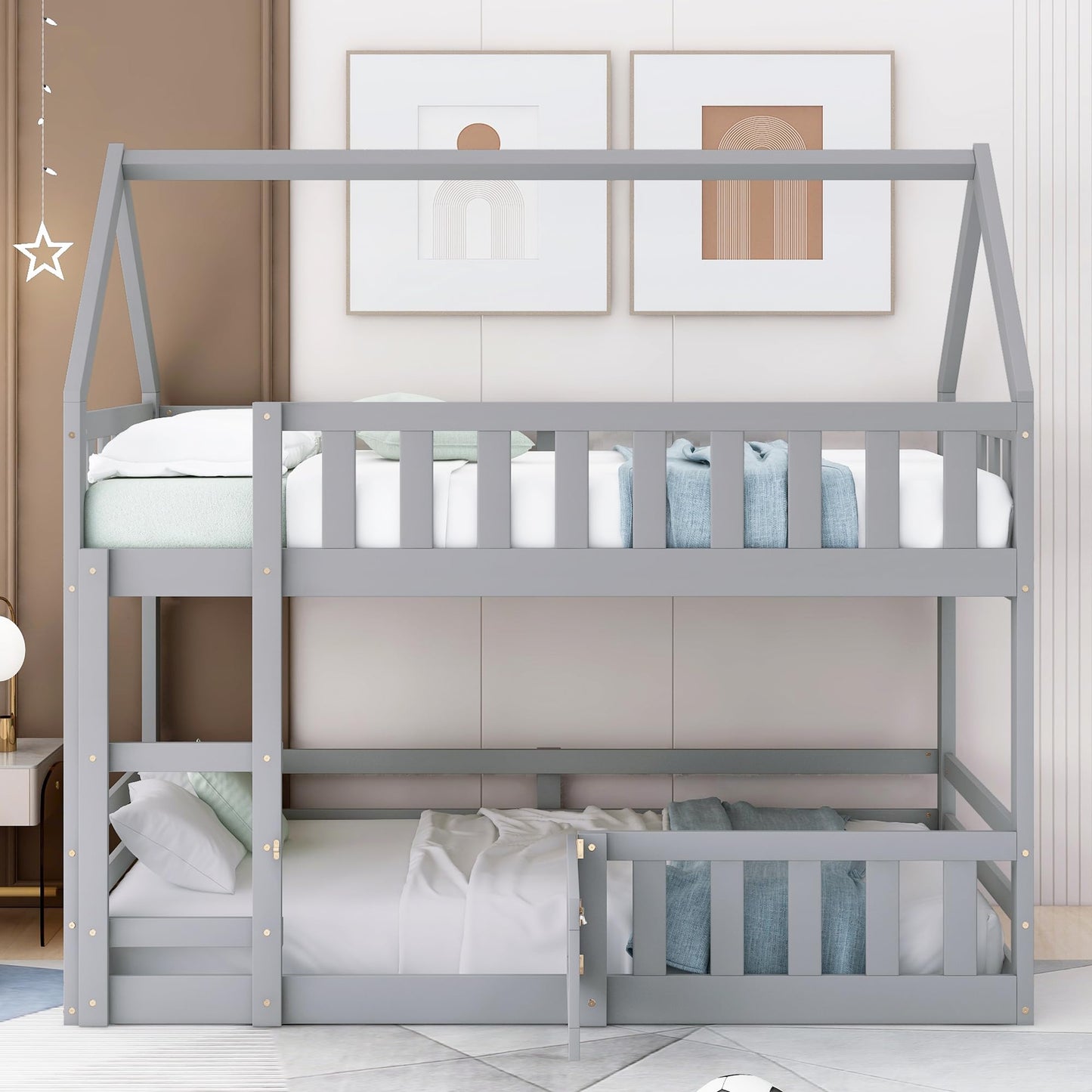 LZ LEISURE ZONE Grey Twin Over Twin Bunk Bed with House Design, Safety Fence, and Playful Door - WoodArtSupply