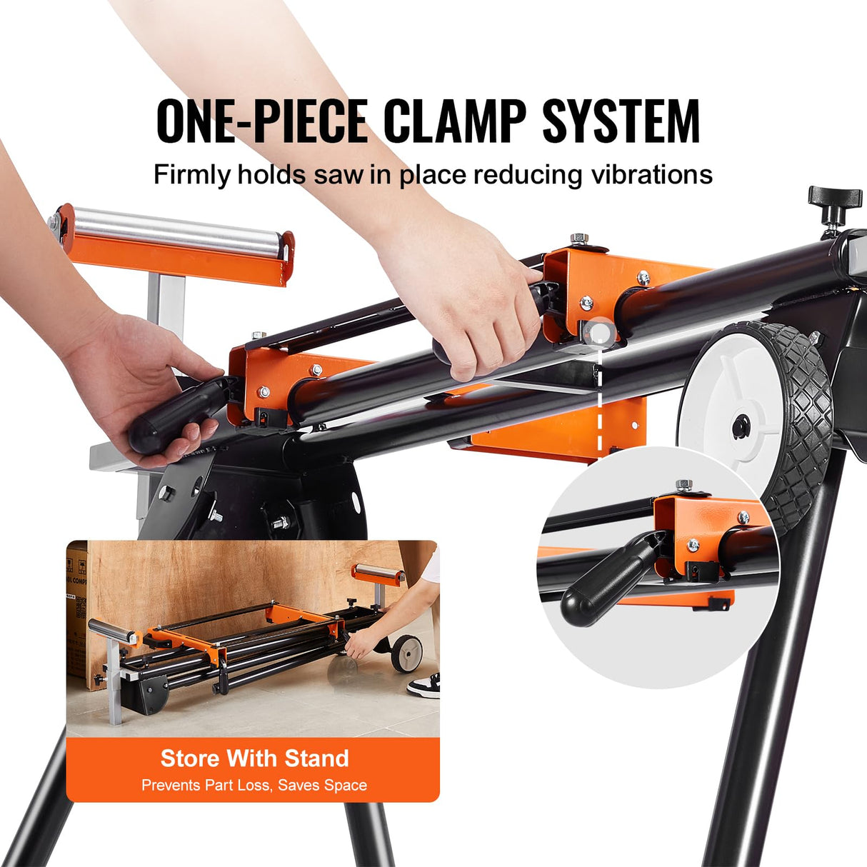 VEVOR Miter Saw Stand, 93in Collapsible Miter Saw Stand with Integral Mounting Bracket Clamp, Height and Length Adjustable, 500lbs Load Capacity with Wheels Portable Compact Folding Miter Saw Stand VEVOR